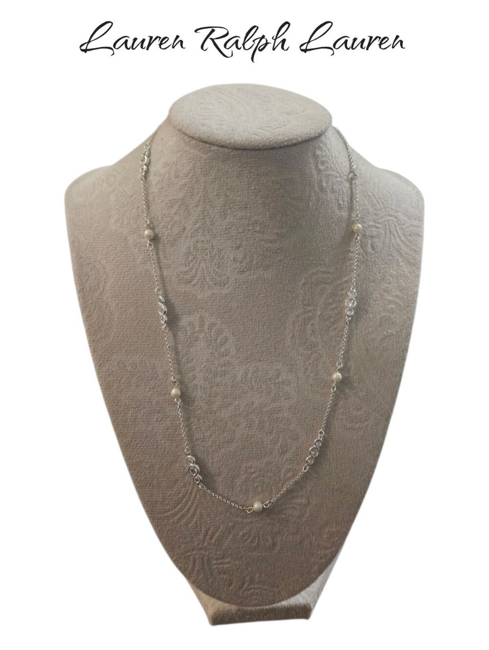 Lauren Ralph Lauren CZ Pearl Station Collar Necklace Silver